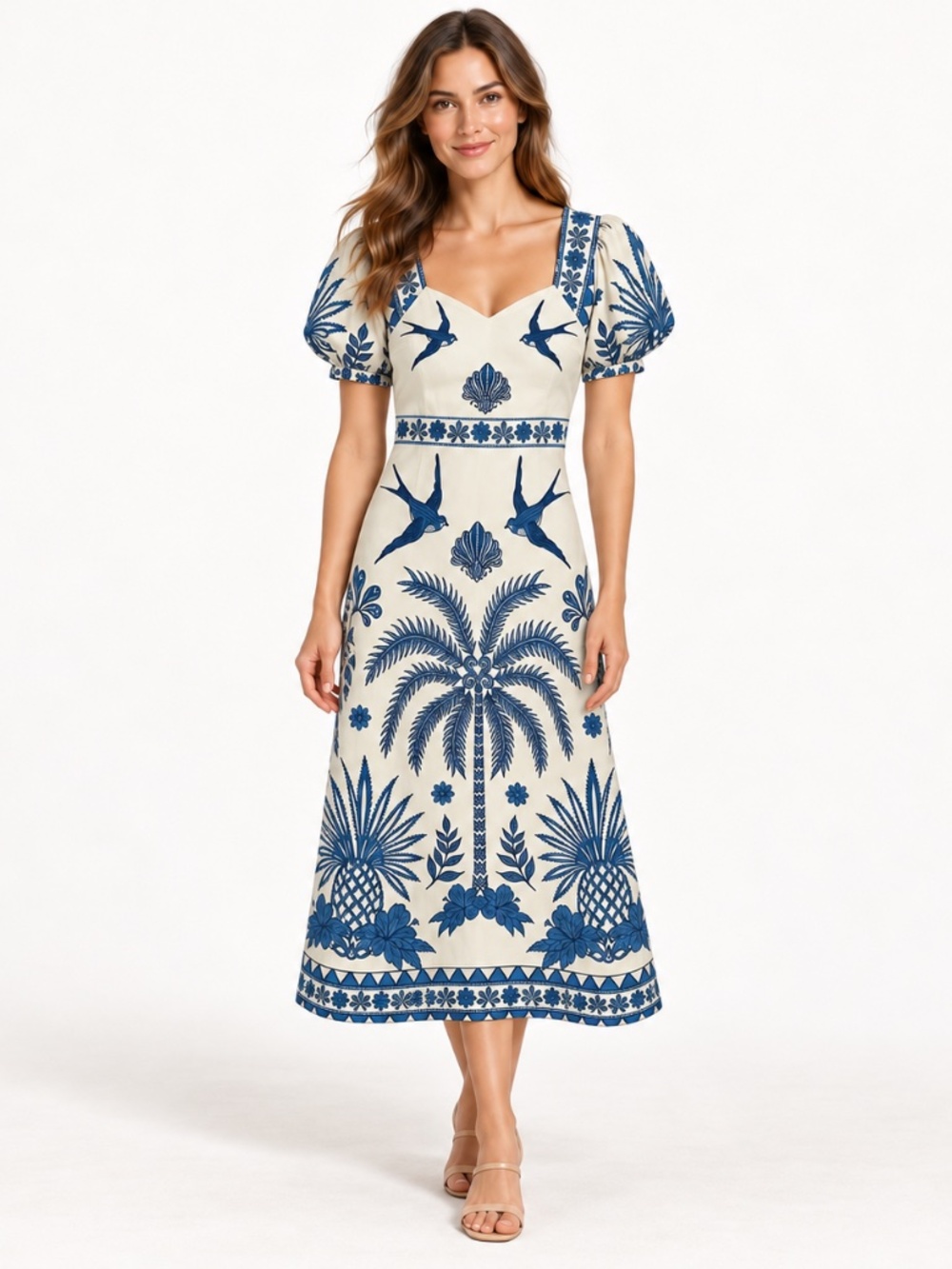 Aylaya Godthab Tropical Midi Dress XS Blue Ivory Cotton Puff Sleeve NWT $148